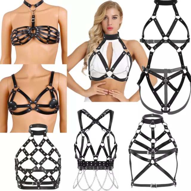 Women Goth Harness Cage Bra Cupless Bralette Chest Strappy Body Bustiers Costume