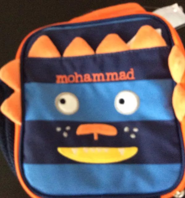 New Pottery Barn Kids Lunch Box Nwot PBT Monogramed MOHAMMAD Blue Orange Monster