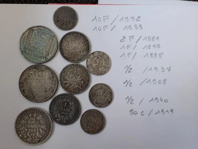 Lot de 10 Pièces Argent Divers FRANCE