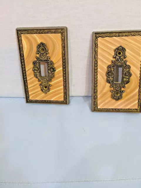2 Vintage Edmar Creations Switch Plate Covers Ornate Floral Metal Shiny Gold