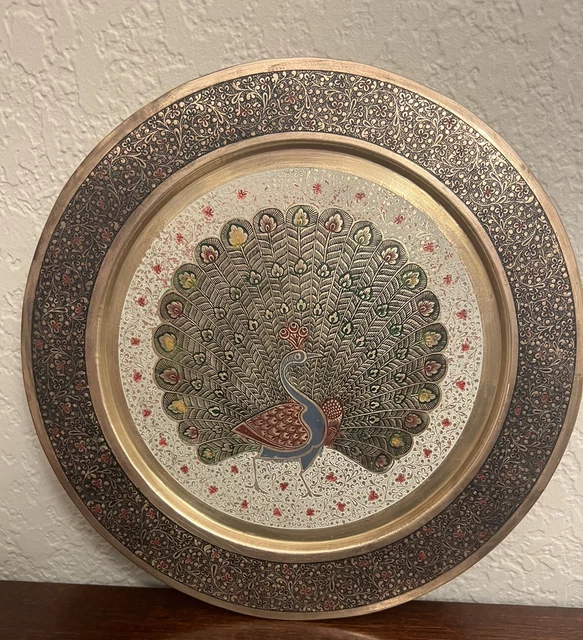Vintage Bombay Swadeshi egded hand painted brass wall hanging plate peacock