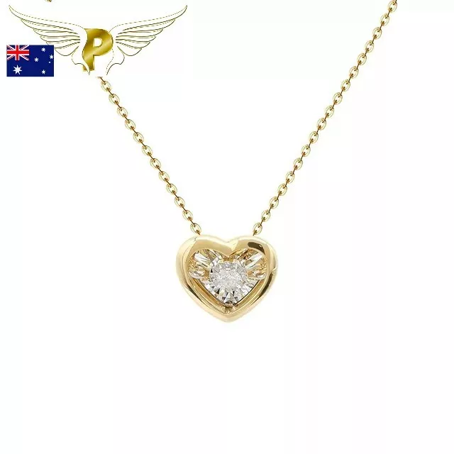 100% Genuine Yellow Gold 18k Necklace Dancing Diamond Pendant Heart 16-18" 1.5g