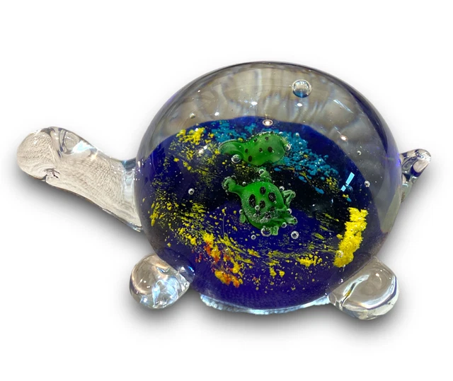 Hand Blown Art Glass Paperweight Blue Turtle with Babies on Back.