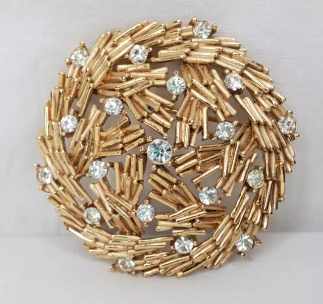 Vintage Crown Trifari Brooch Gold Tone Clear Rhinestone Modernist Texture Signed