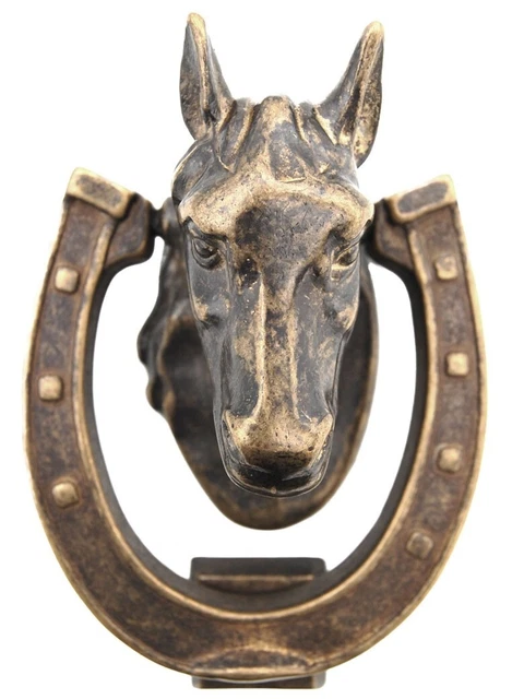 Heurtoir de porte / Marteau d'entrée de maison en laiton - Tête de cheval et fer