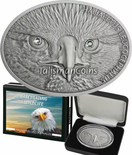 Fiji 2013 BALD EAGLE Crystal Eyes Fascinating Wildlife Oval $10 1 Oz Silver OGP