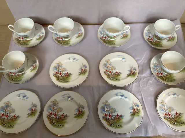 Tally ho fox hunt, 18 piece bone china tea set and plates, hunting memorabilia