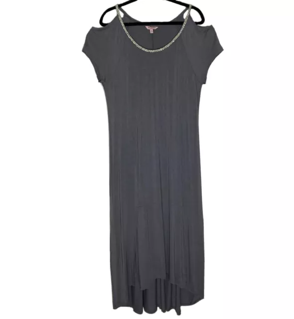 Juicy Couture Maxi Dress w/ Jeweled Neckline & Slits Gray Cold Shoulder XLarge
