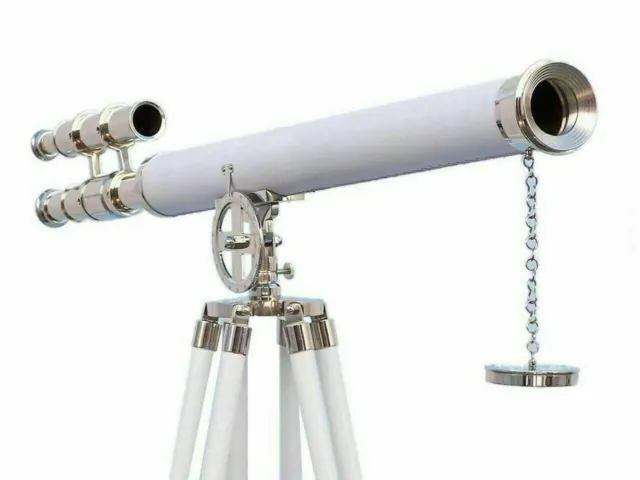 64" Admiral's Chrome with White Leather Telescope With Wooden Tripod Stand