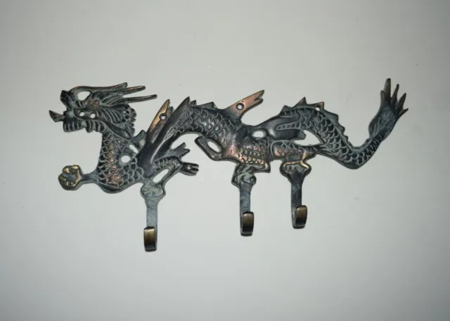 Chinese Dragon Key Holder Triple Hook Brass Wall Mount Hanging Accessories HK293