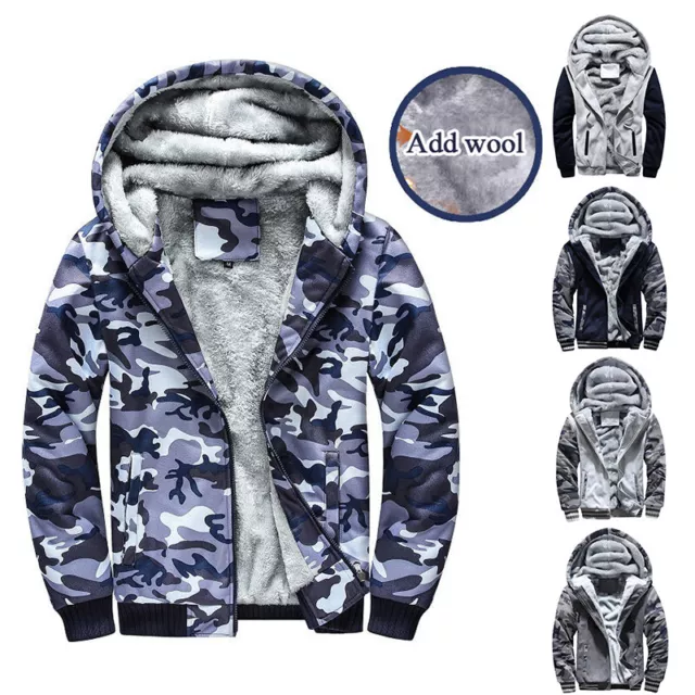 Mens Camo Padded Warm Sherpa Fleece Fur Lined Winter Coat Jacket Hoodie Zip Up