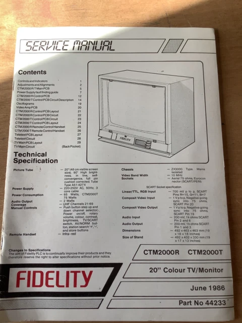 Fidelity Tv Television Repair Service Manual Manufacturer Information