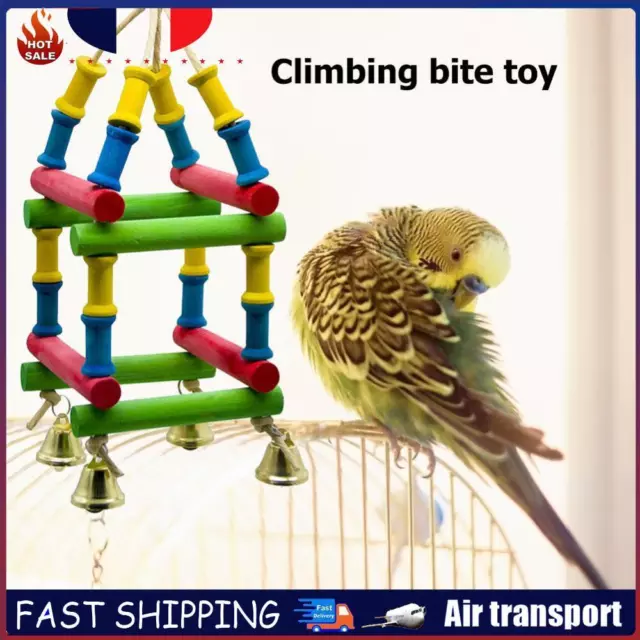 Bird Toy Climbing Ladder Wood Blocks Parrot Bite Chew Hanging Cage Toys w/Bell F