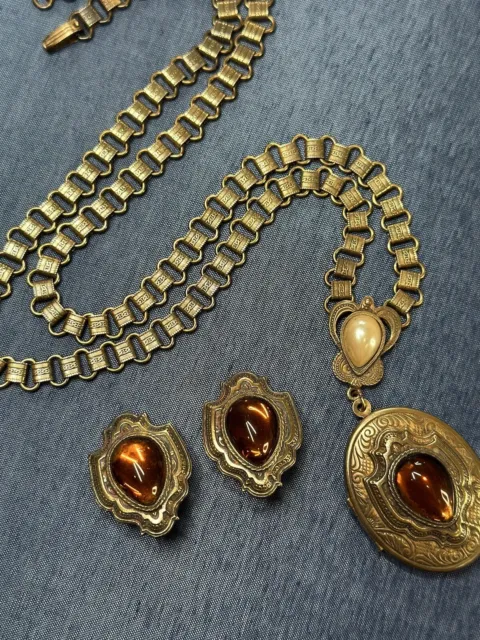 Victorian Revival Faux Amber Pearl Book Chain Locket Necklace Earrings