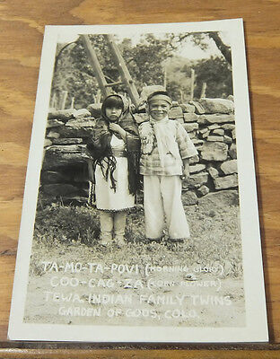 c.1950 Real Photo Postcard//TEWA INDIAN FAMILY TWINS, GARDEN OF THE GODS, CO