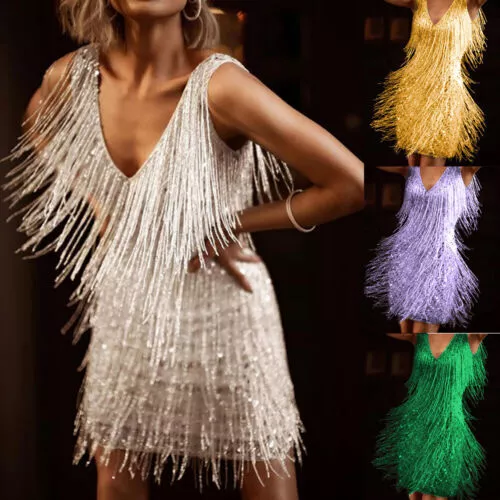 Womens Glitter Fringe Tassel Mini Dress Evening Cocktail Party Bodycon Ball Gown