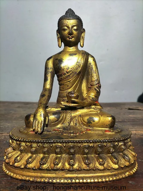 8 " Old Tibet Buddhism Bronze Gilt Shakyamuni Sakyamuni Buddha Lotus Statue