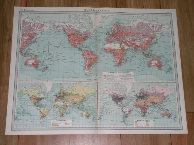 1922 Map Of World Transportation Traffic Commerce America Africa Asia Europe