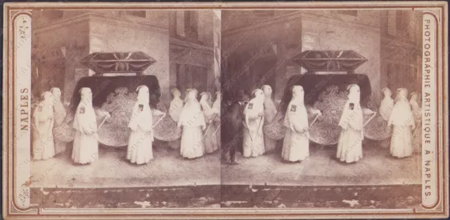 1880c NAPOLI Funerale costumi Fotografia albumina stereoscopica