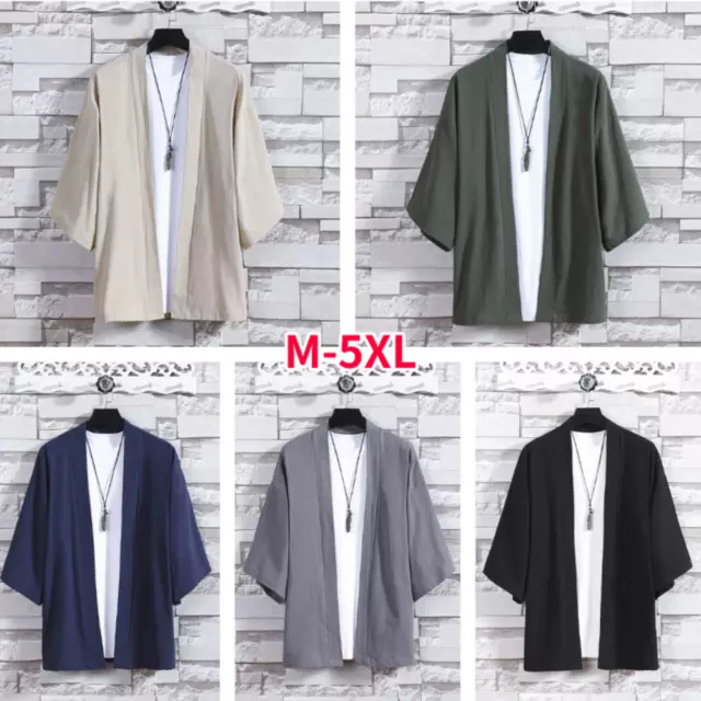 Hommes Kimono Veste Haut Cardigan 3/4 Manche Décontracté Coton Lin Japonais