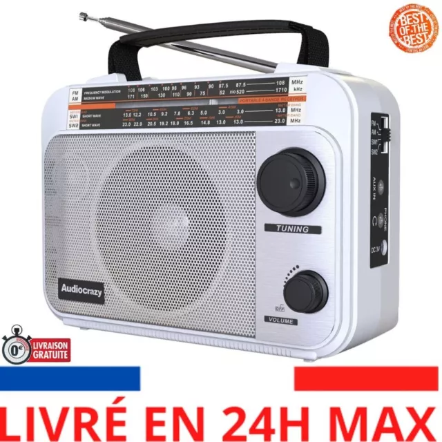 Audiocrazy Radio Portable FM/AM/SW1-2 Multibande Batterie Rechargeable 1800 mAh.