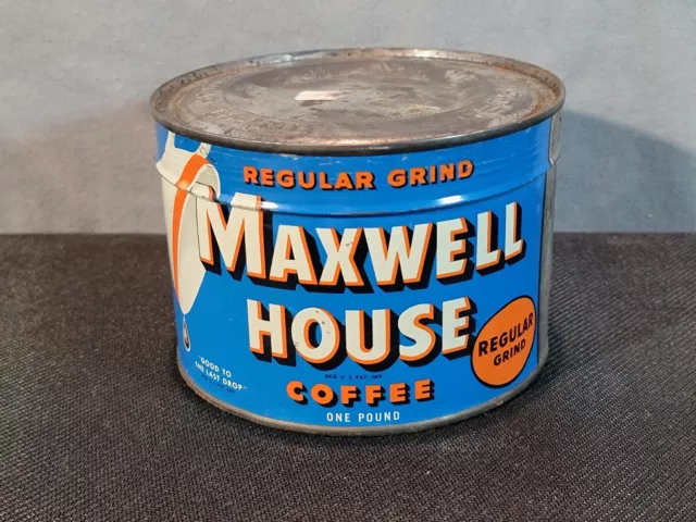 Vintage Unopened Maxwell House Coffee Tin 1Lb Keywind Full Sealed Can Blue