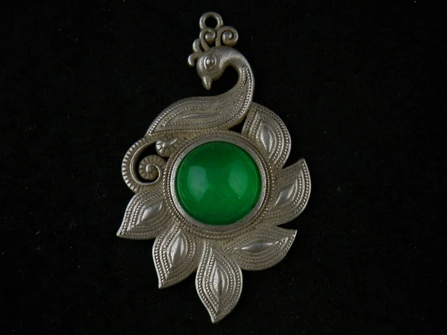 Good Quality Hand Made Chinese Silver *Phoenix* Inlay Green Jade Pendant QQ119