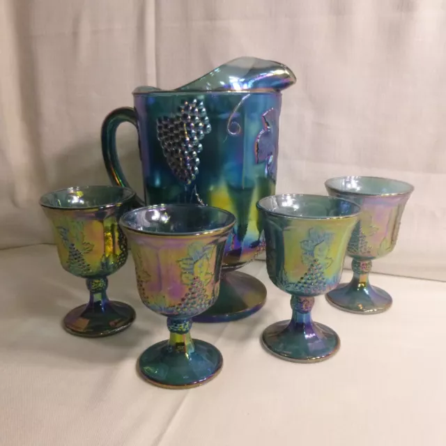 Pitcher and 4 goblets - Indiana Carnival Glass - Blue Harvest Grape - MINT