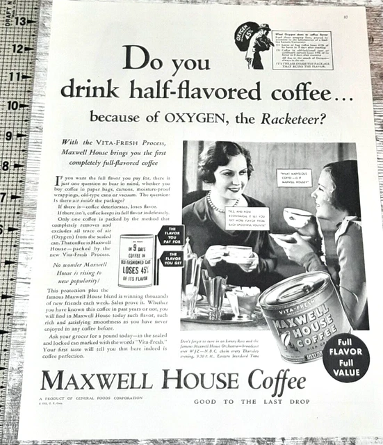 1932 Maxwell House Vintage Print Ad Coffee Full Flavor Ladies Good Last Drop B&W