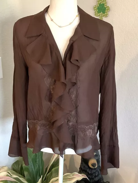 Allison Taylor Women's Sheer  Long Sleeve Blouse Ruffles Brown Lace Size Med