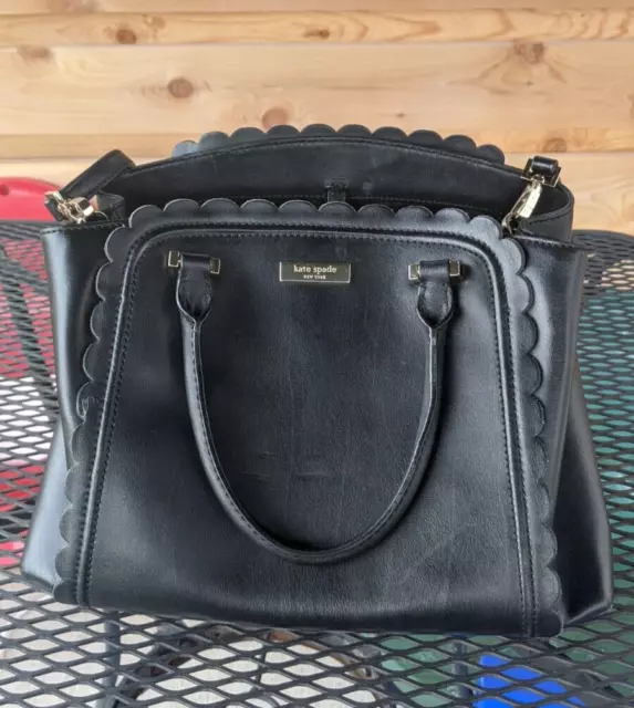 KATE SPADE  Scalloped Black Leather Satchel Tote Handbag Purse