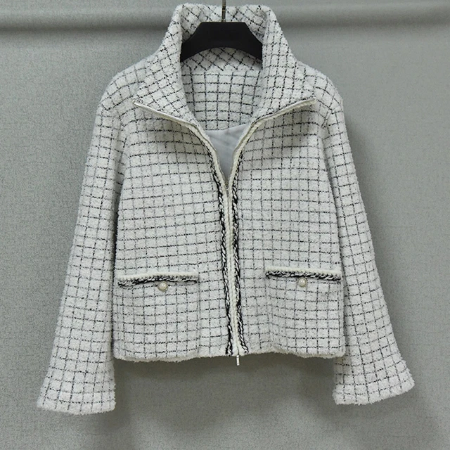Donna Design Ispirato Misto Cotone Bianco Quadri Giacca + Gonna Suit 3