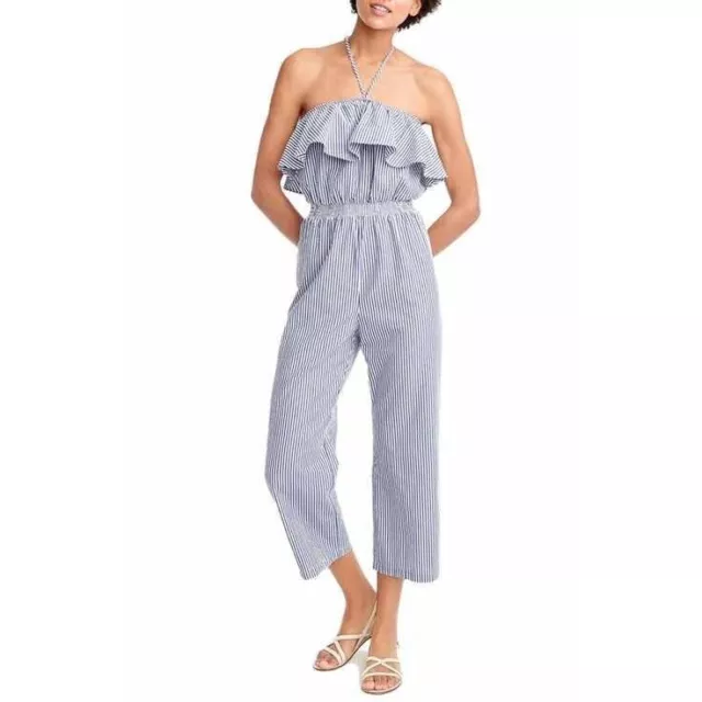 J. Crew Womens Seersucker Jumpsuit Striped Off Shoulder Ruffle White Blue Size S