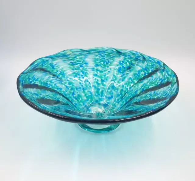 Vintage Teign Valley Large Glass Bowl Blue Handmade Studio Art Mottled Pedestal