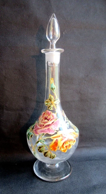Carafe Art Nouveau sur piédouche, verre incolore émaillé LEGRAS: Les Roses