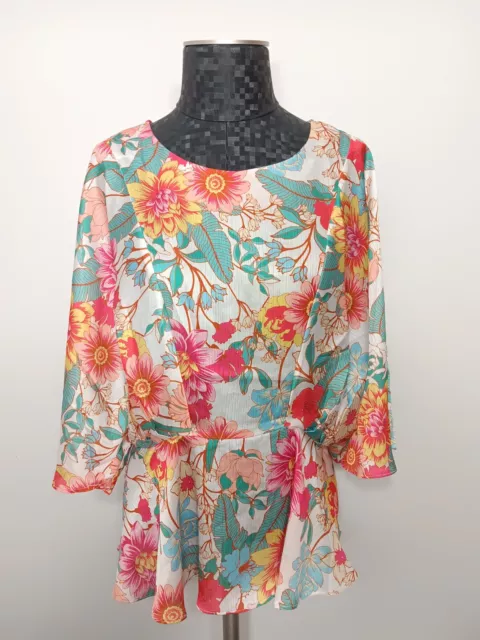 Umgee USA NWT Size Medium Colorful Floral Print Kimono Sleeve Satin Woven Top