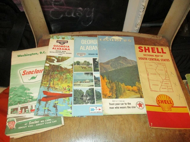 Lot of 5 vintage maps w/ gasoline logos - Shell, Sinclair, Texaco & Standard Oil