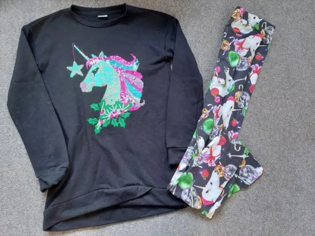 Girls F&F Outfit, Christmas, Sequinned, Unicorn Top/Leggings,   13-14 Yrs