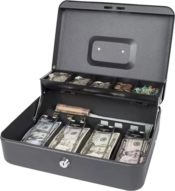 Cash Box with Lock Key and Money Tray Large Money Box for Cash Metal Lock Box