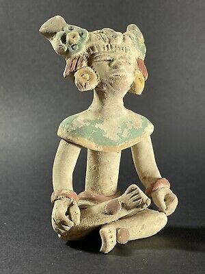 Ancient Pre-Columbian Mayan Terracotta Idol In Seated Position With Colour