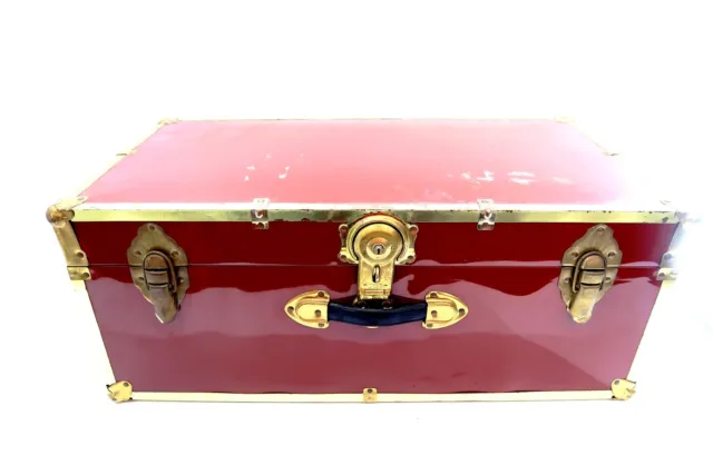 Vintage 1940's LONG LOCK T-45 Metal Steamer Trunk Storage Box 30" Long in RED