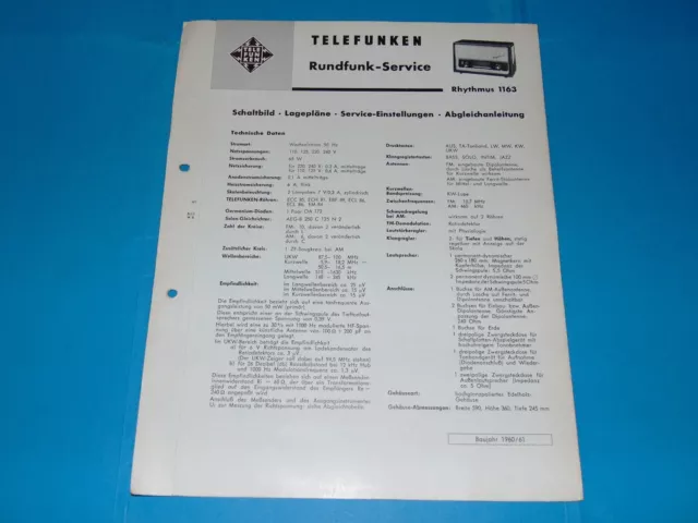 TELEFUNKEN - Rhythmus 1163 - Radio Schaltbild Lagepläne Service Anleitung - 1960
