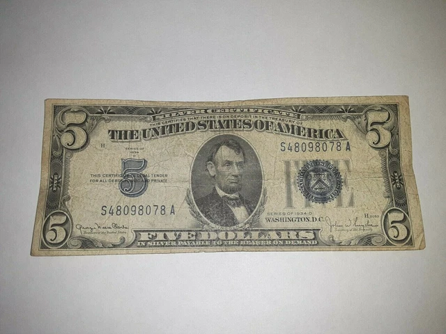 1934-D US 5 Five Dollar Bill Silver Certificate Blue Seal Collector Note NICE