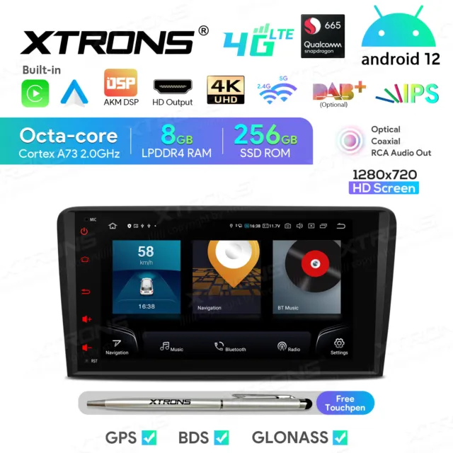XTRONS 8" Android 12 Autoradio 8GB 256GB 4K HDMI LTE 4G GPS Navi Für Audi A3 8P