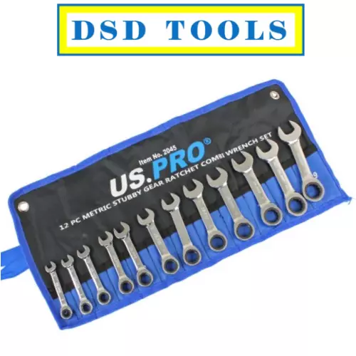 US PRO Tools 12PC Metric Stubby Gear Ratchet Combination Spanner Set 8-19mm 2045