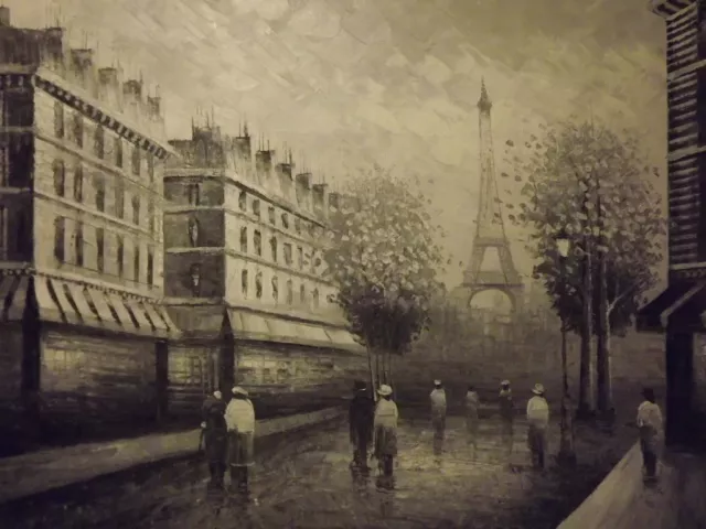 Pintura Oleo En Lienzo Grande, Calles De Paris, Blanco Y Negro, Paisaje Frances