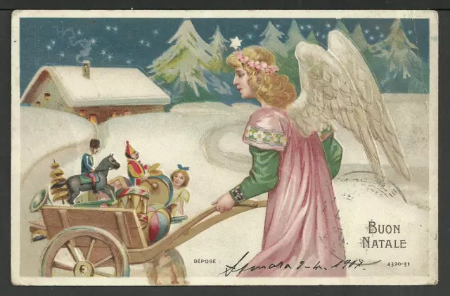 cartolina Buon Natale con angelo e giocattoli a rilievo - annullo Asmara Eritrea