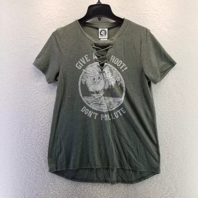 Give A Hoot Don't Pollute Owl Tee Shirt Womens Large L Pullover Stretch Top