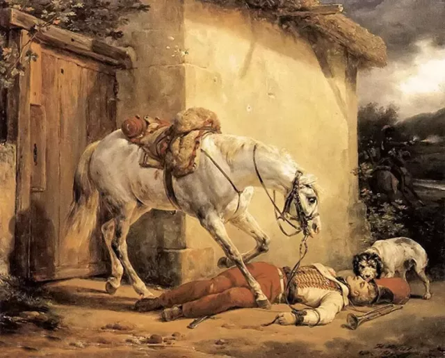 Oil painting horace vernet - the wounded trumpeter White war horse dog on canvas