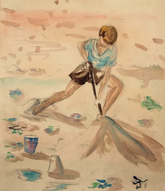 Christine Glanville, b. Nancy Christine Fletcher Watercolour young boy on beach